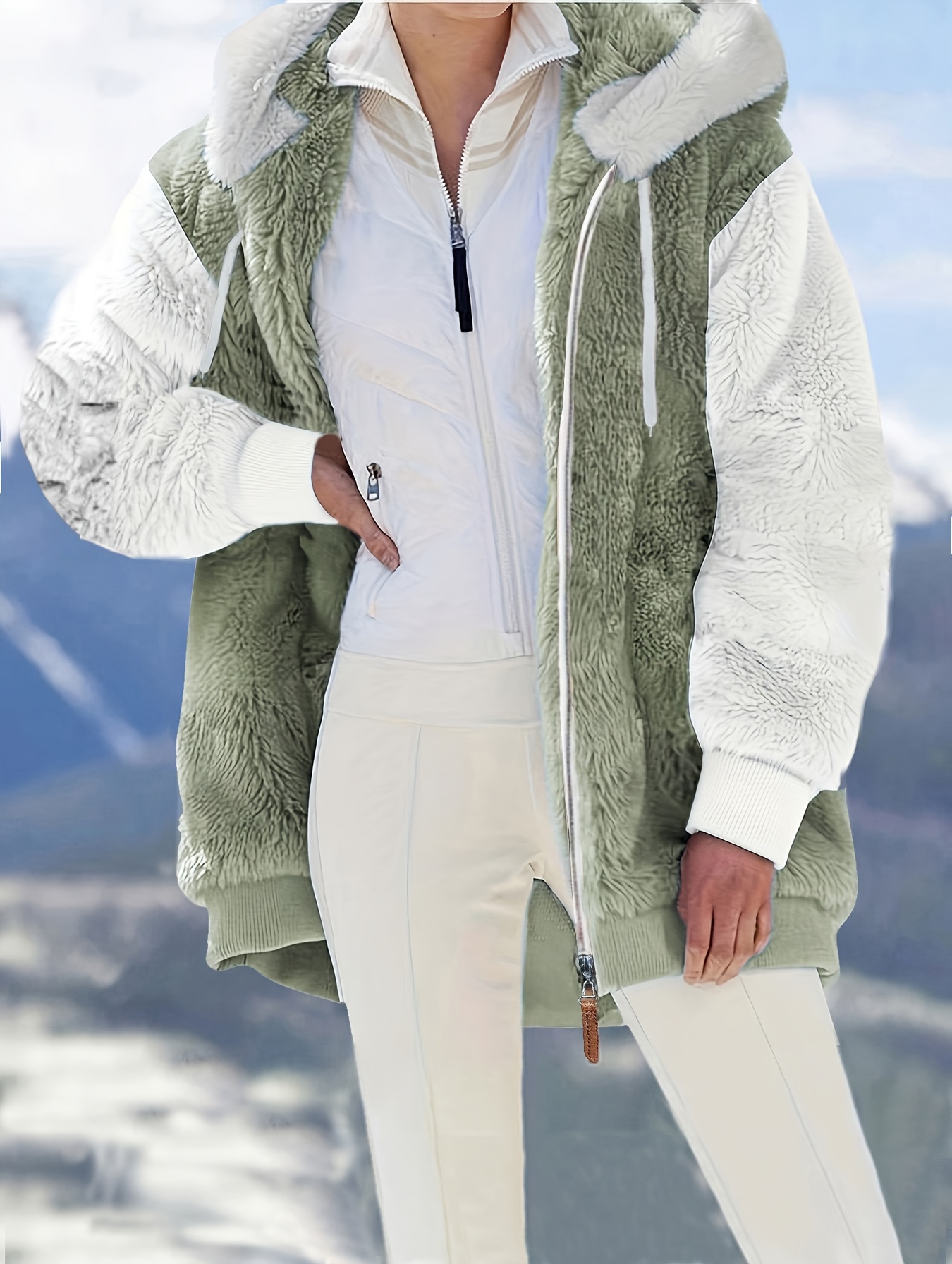 Wiueurtly Womens Fleece Jackets,Women's Plus Size Casual Color Block Plush  Sweatshirt Zipper Hoodie Loose Blouse Warm Coat 
