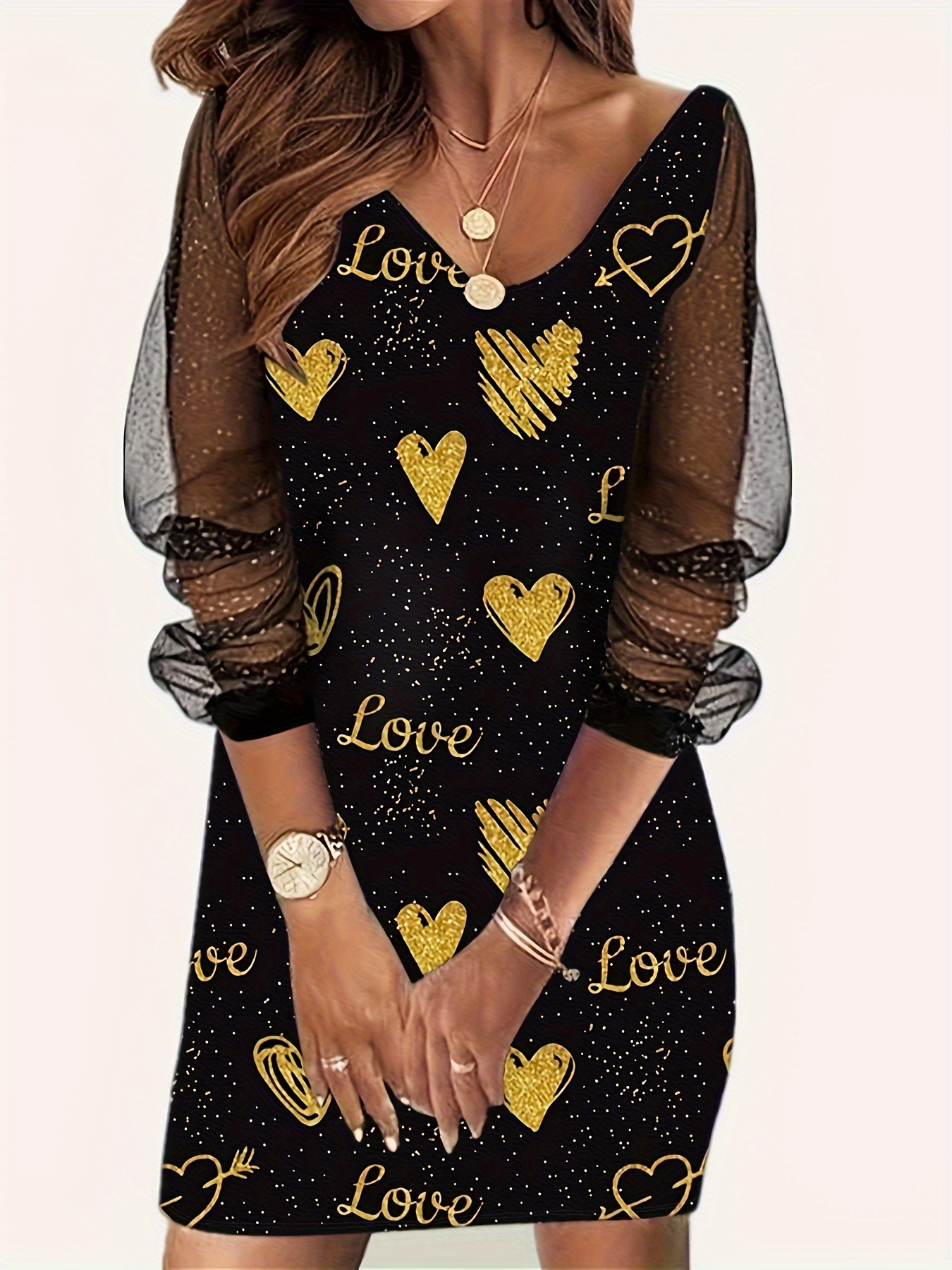 Plus Size Heart Print Dress, Casual V Neck Mesh Stitching Long Sleeve Dress, Women's Plus Size Cloth