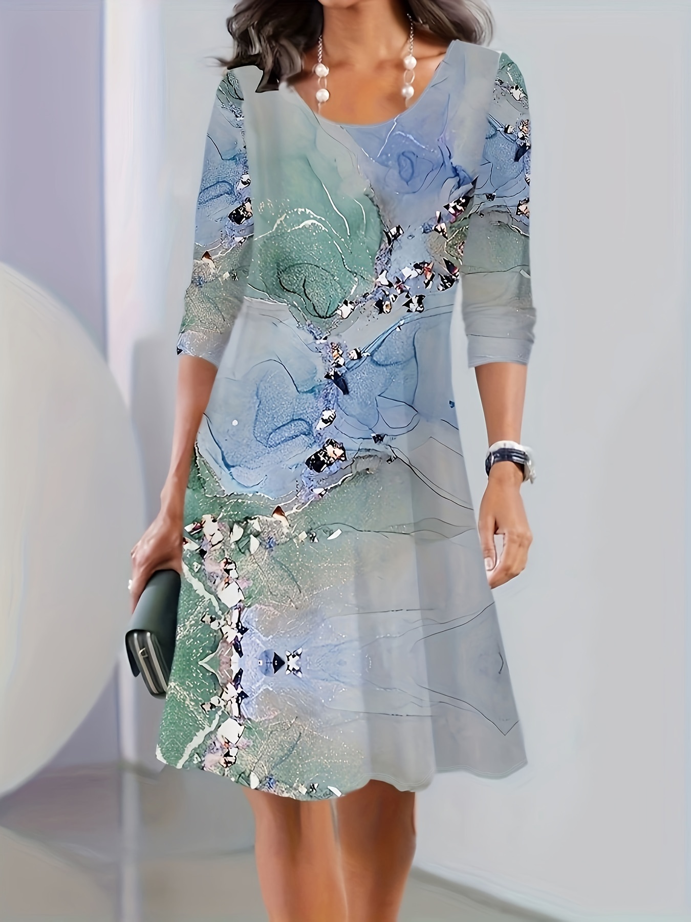 Women's Casual Dress, Plus Size Marble Print Long Sleeve Round Neck Knee Length Dress