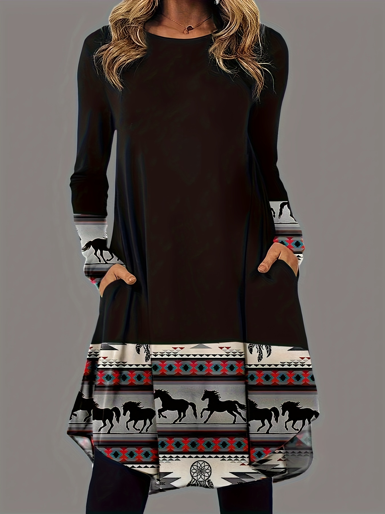 Plus Size Boho Dress, Women's Plus Colorblock Horse & Geometric & Dreamcatcher Print Long Sleeve Rou