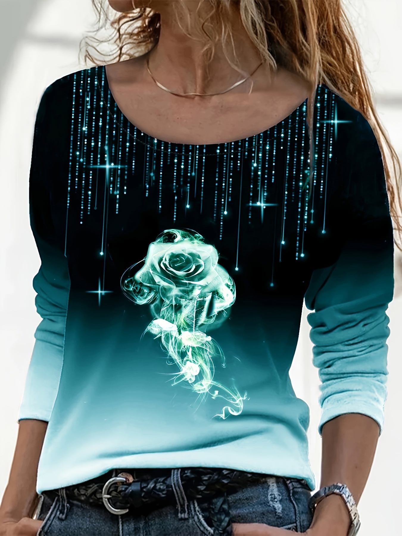 Plus Size Casual T-shirt, Women's Plus Glitter Rose Print Ombre Long Sleeve Round Neck T-shirt