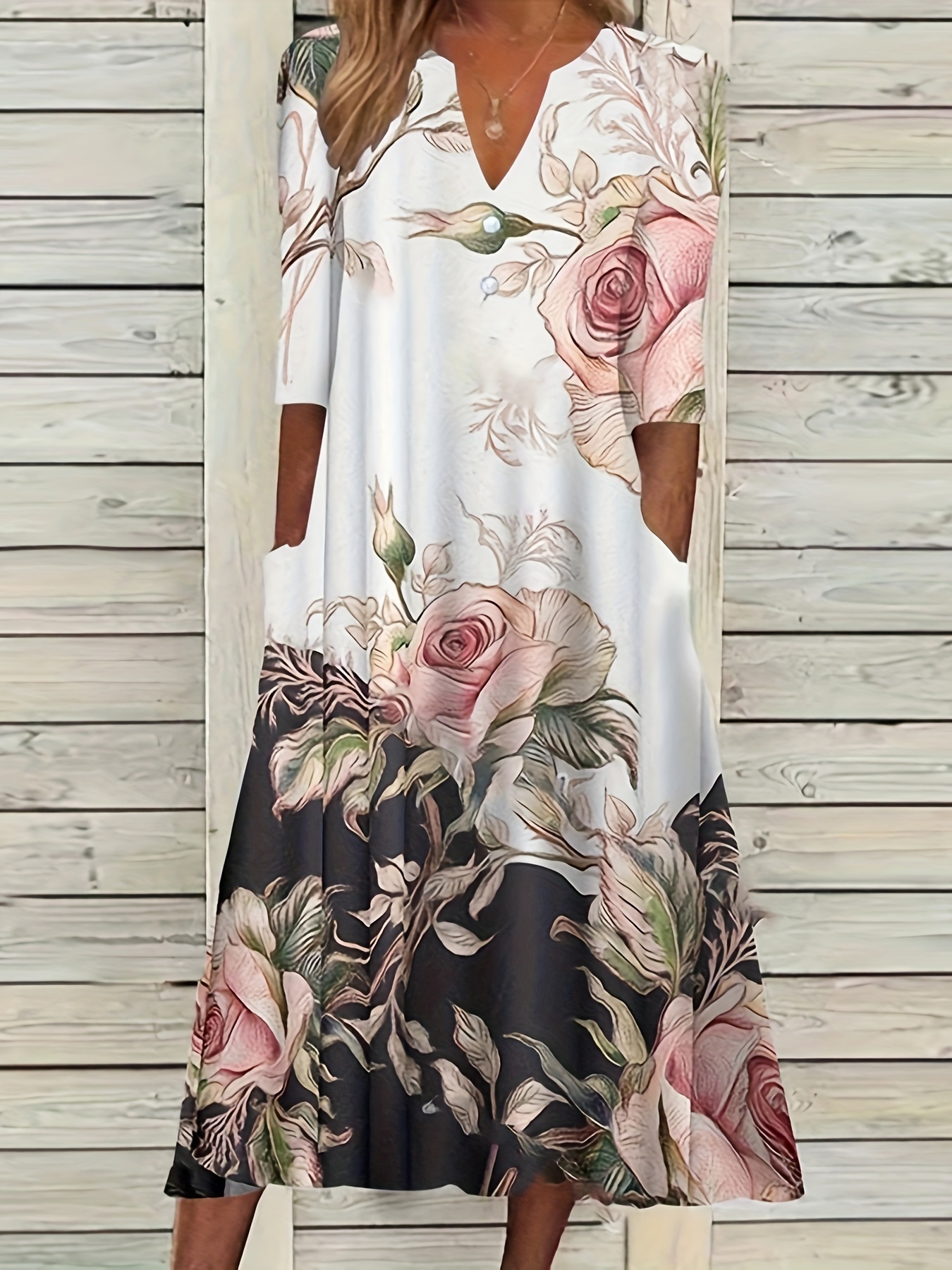 Plus Size Casual Dress, Women's Plus Floral Print Half Sleeve Notched Neck Dress With Pockets