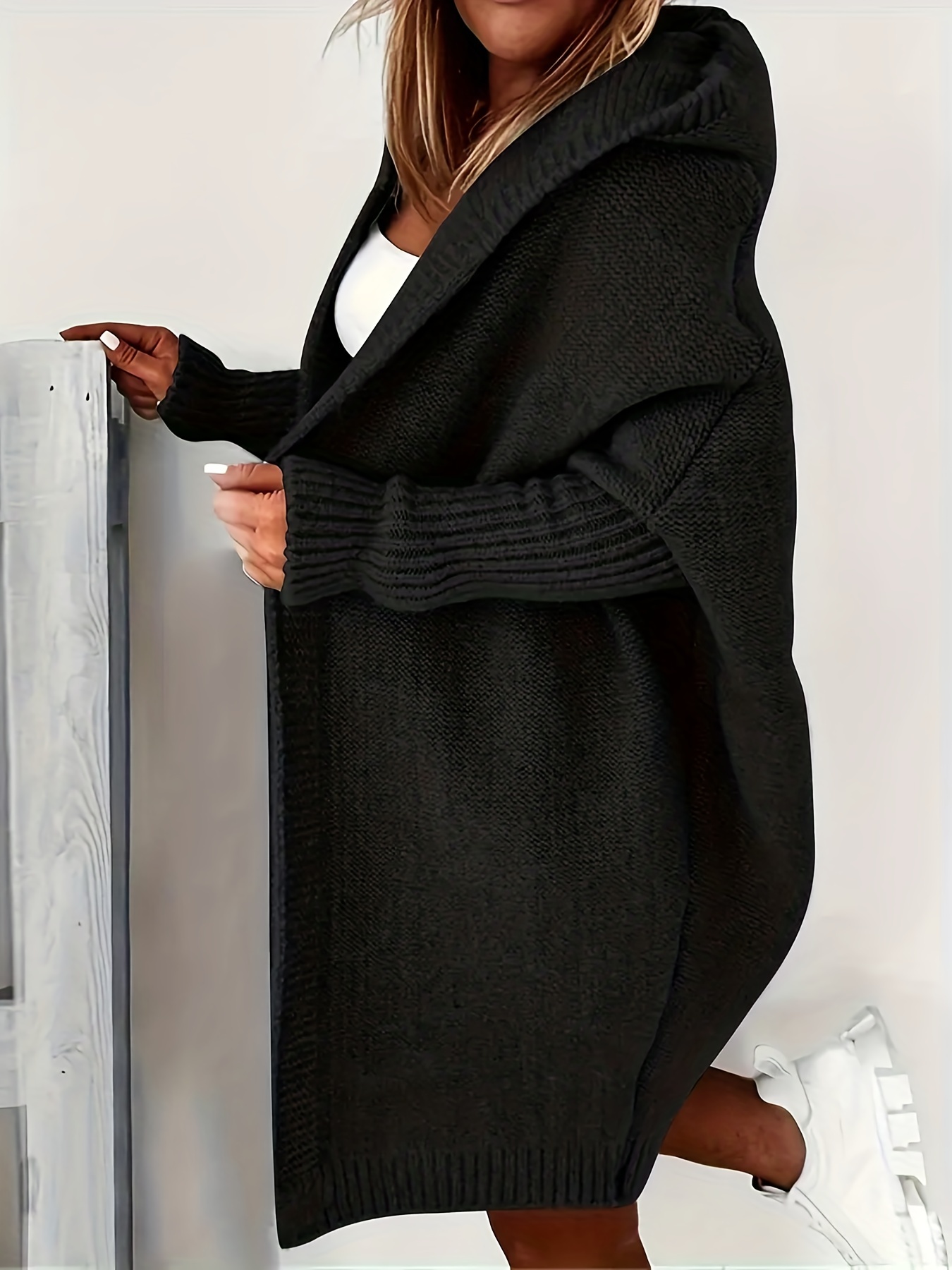 Plus Size Casual Cardigan, Women's Plus Solid Long Sleeve Open Front Hooded Cardigan