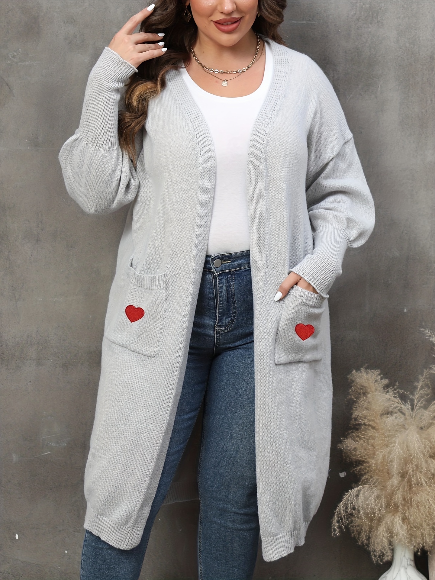 Plus Size Casual Cardigan, Women's Plus Heart Print Lantern Sleeve Open Front Cardigan With Pockets