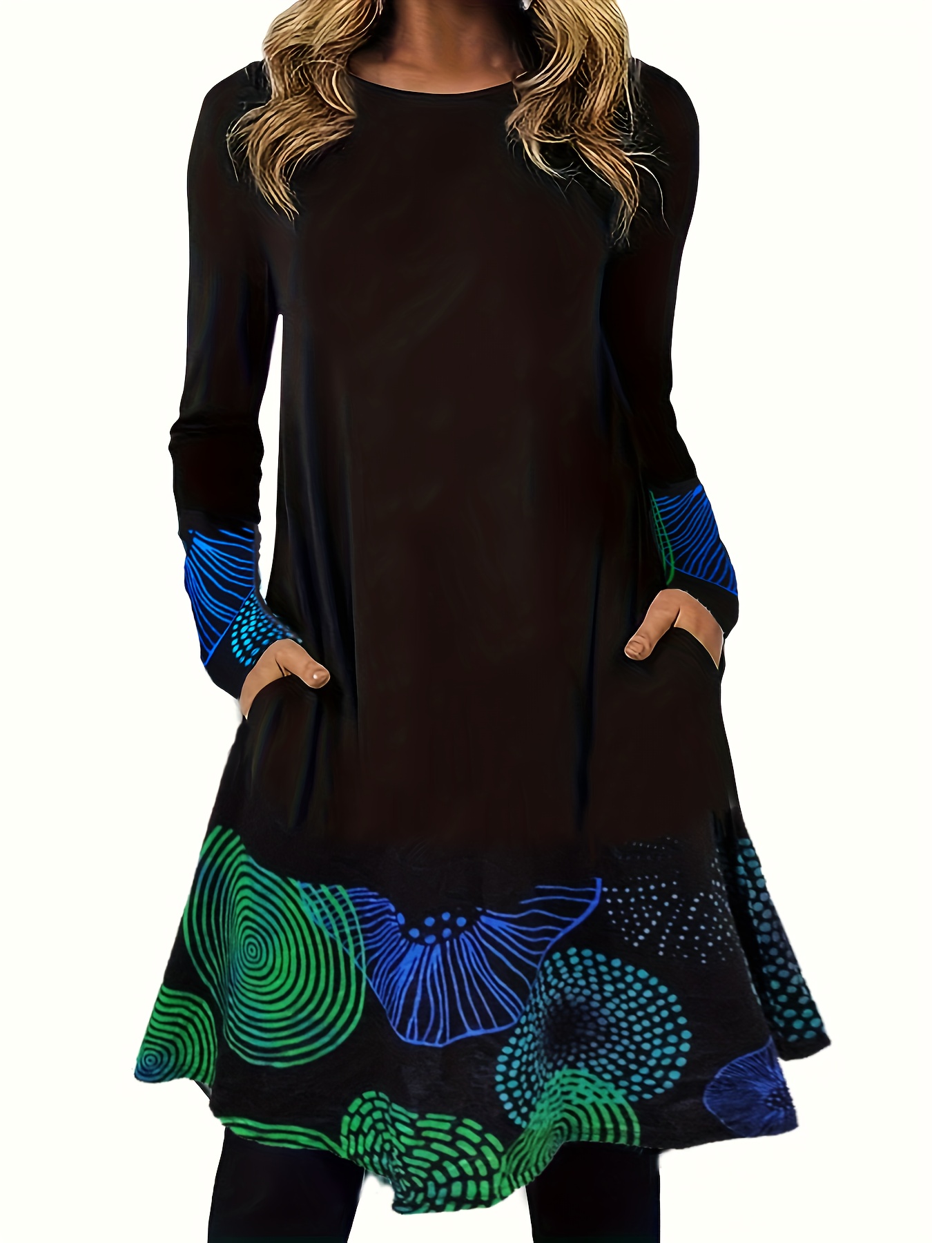 Plus Size Geometric Print Dress, Casual Long Sleeve Crew Neck Dress For Spring & Summer, Women's Plu