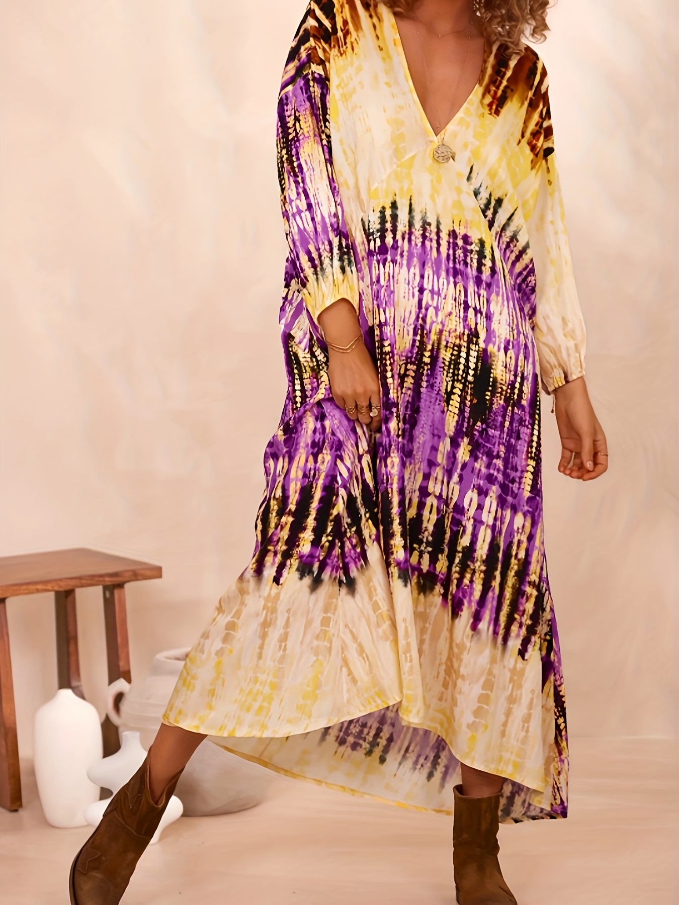 Women's Boho Dress, Plus Size Tie Dye Lantern Sleeve V Neck Loose Fit Maxi Dress