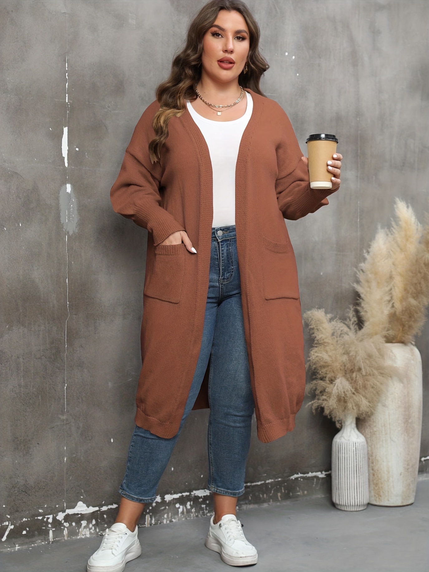 Plus Size Casual Cardigan, Women's Plus Solid Lantern Sleeve Open Front Cardigan With Pockets